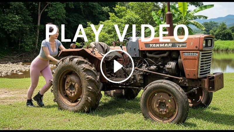 Girl rescues and repairs an overturned tractor in a field